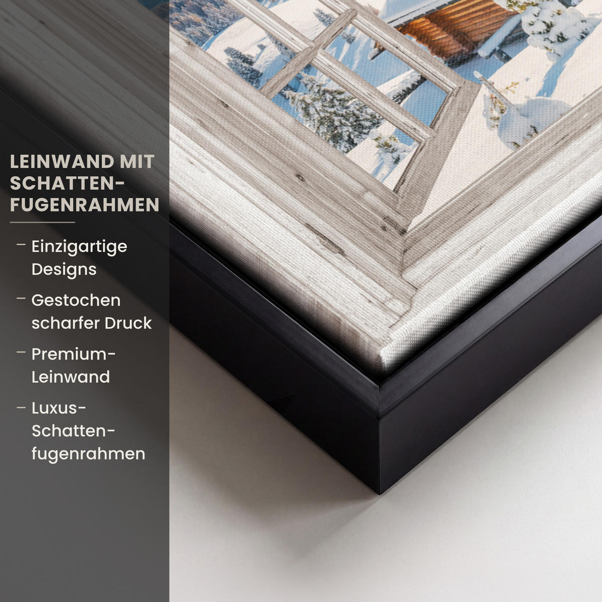 LEINWAND Bilder mit Rahmen - Winterlandschaft - Hütte - Berge - Ausblicke - Aussicht - Natur - 40x30 - Weiß Hochglanz, Textil (40/30cm) - MuchoWow