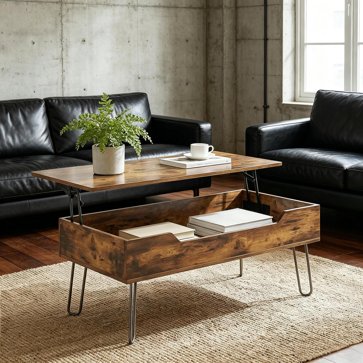 COUCHTISCH DE-37255 Lift-Top mit verstecktem Fach Rustikales Braun/Schwarz - Walnussfarben, Holzwerkstoff (95/50/40cm) - ComfortXL