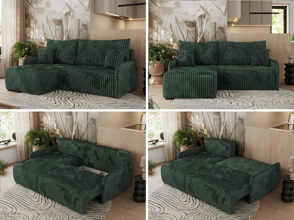 ECKSCHLAFSOFA ARPA L Grün Cord - links - Schwarz/Grün, Kunststoff/Textil (198/150cm) - MKS