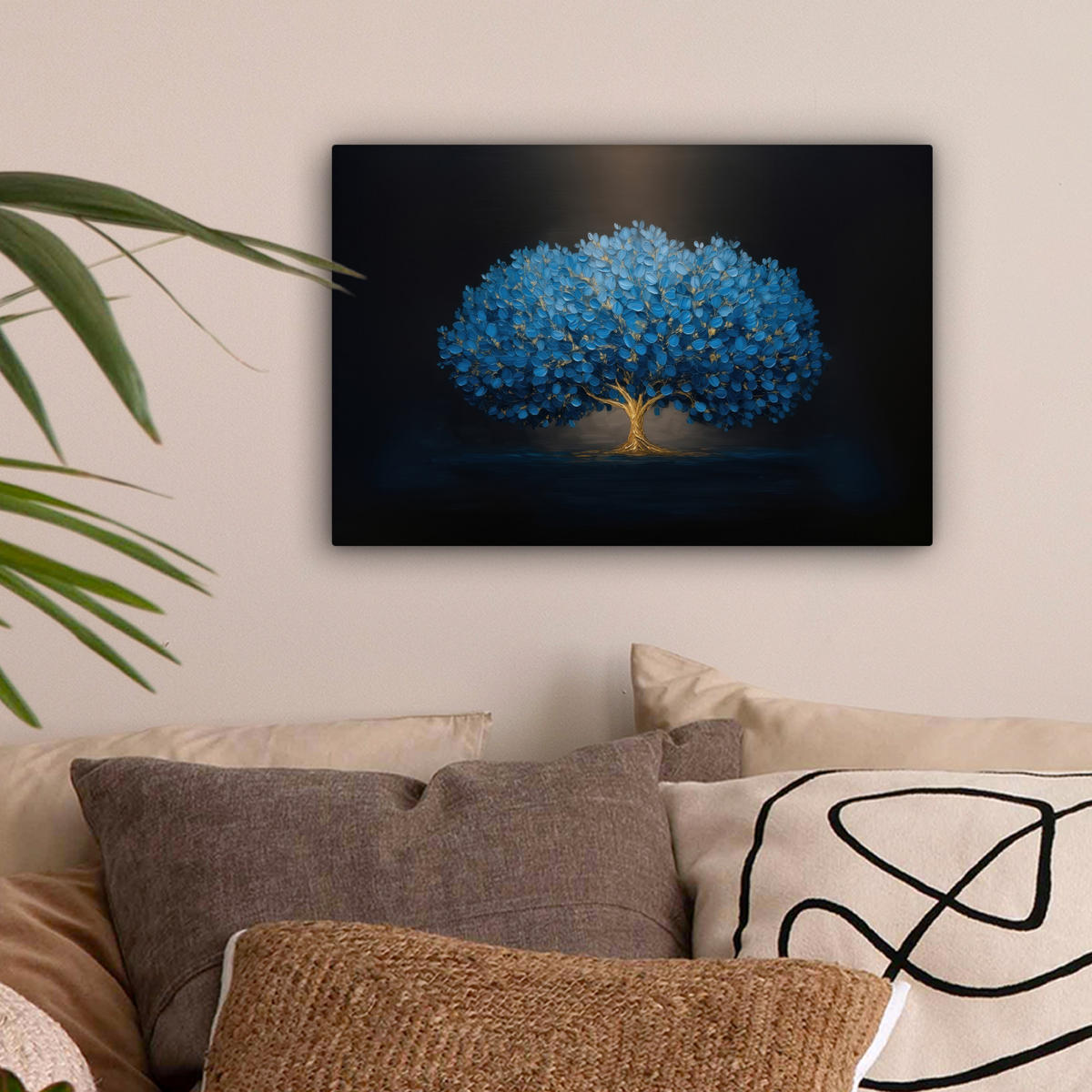 LEINWANDBILD Baum - Blau - Blätter - Pinselstriche Deko Schlafzimmer 30x20 cm - Blau, Textil (30/20cm) - MuchoWow