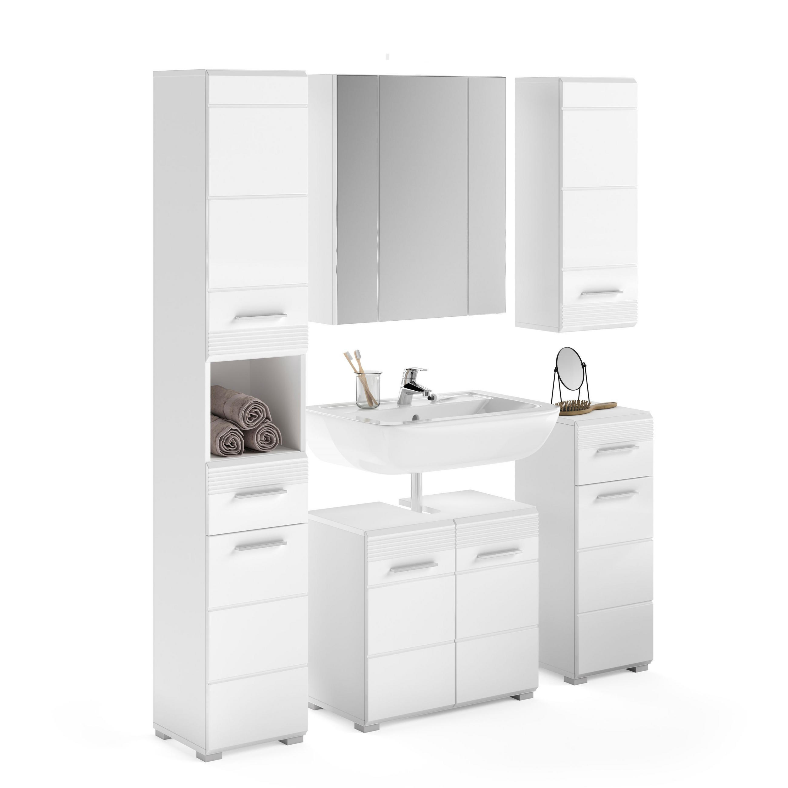 BADKOMBINATION 5tlg. Linus Bad in weiß Nachbildung und weiß hochglanz B/H/T: 151x182x34 cm - Weiß, Holz (151/182/34cm)