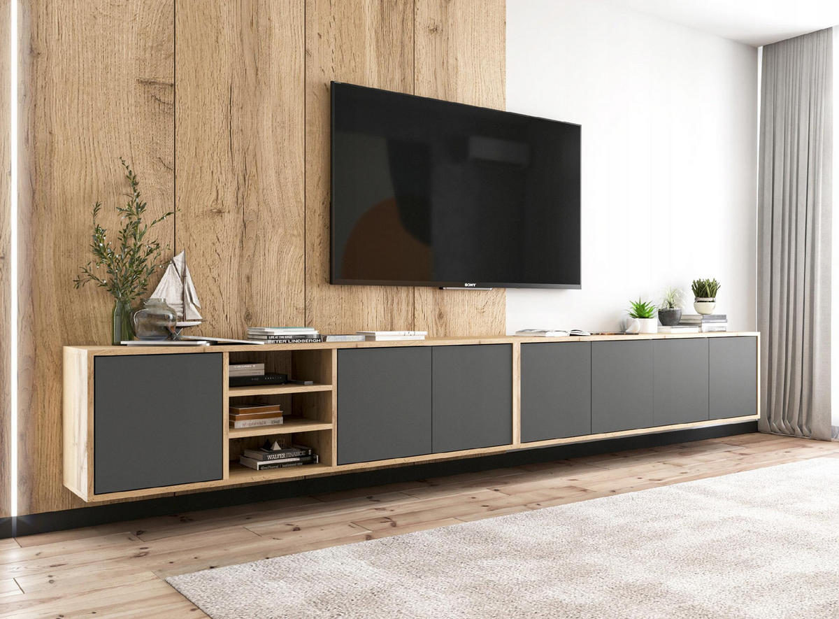 TV-LOWBOARD 2-er Set Apollo Eiche wotan Graphit Matt 150 cm - Graphitfarben, Holzwerkstoff (300/39/35cm) - Meble Lindner