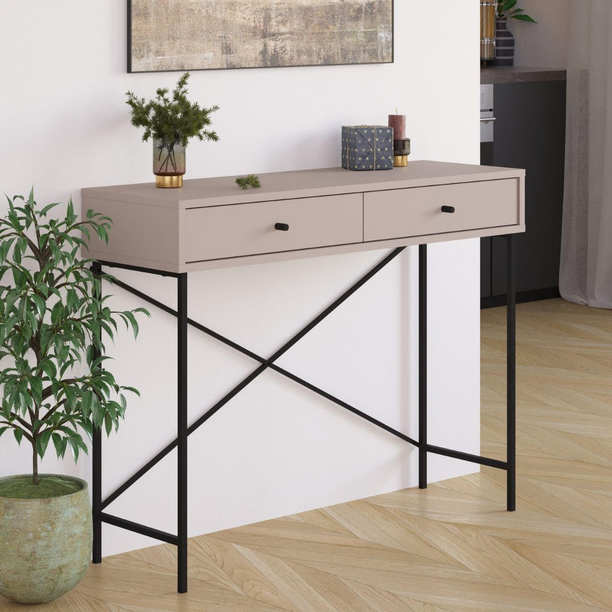 KONSOLE 2 Schubladen Farbe Mokka und Metallbeine L110 cm - Titan - Braun, Holzwerkstoff (110/35/85cm) - Calicosy