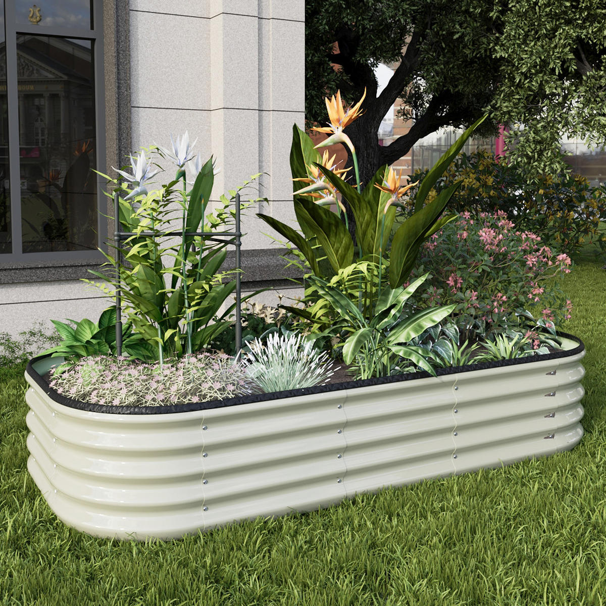HOCHBEET Pflanzkasten aus verzinktem Stahl in Weiß Ovalen Blumenkasten für Garten und Balkon 160 × 80 × 30 cm - Weiß, Metall (80/30/160cm) - Livingandhome