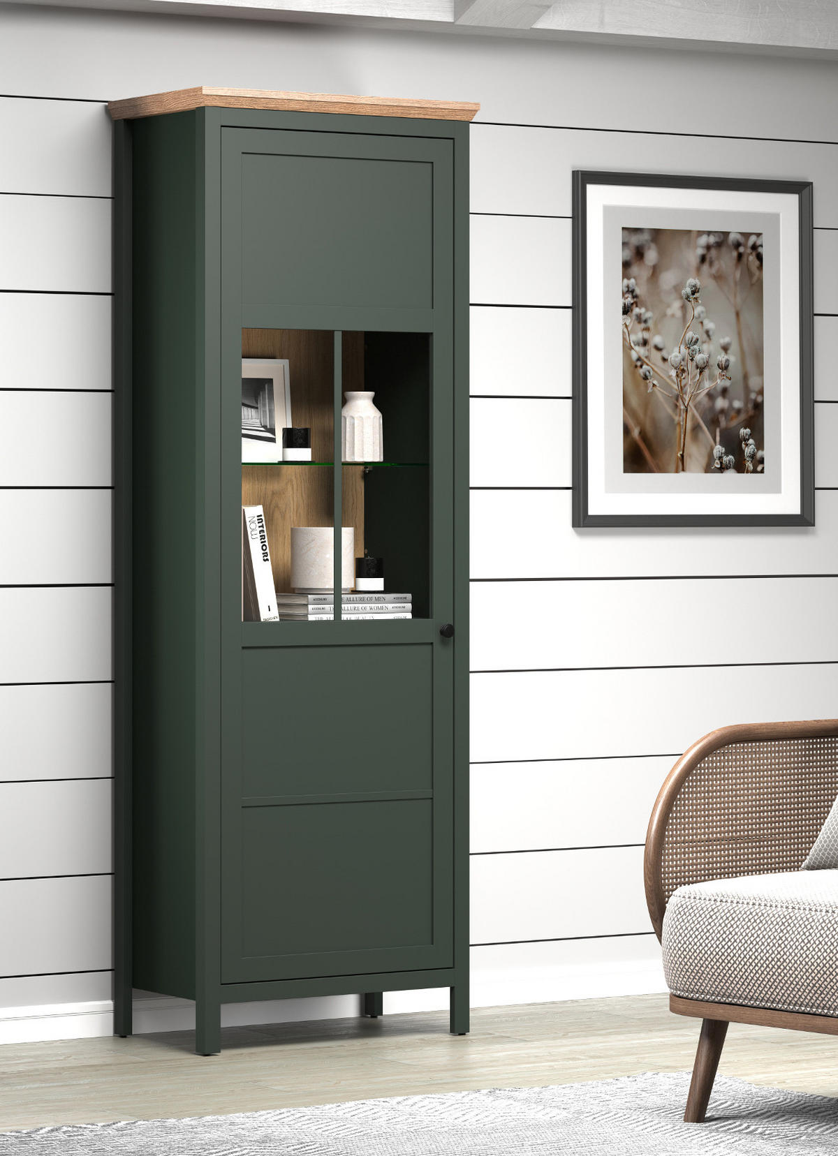 VITRINE grün, Evoke Eiche Landhaus 69 x 198 cm, Vitrinenschrank inklusive LED Beleuchtung - Eichefarben/Schwarz, Glas/Holzwerkstoff (69/198/39cm) - Top.Furn