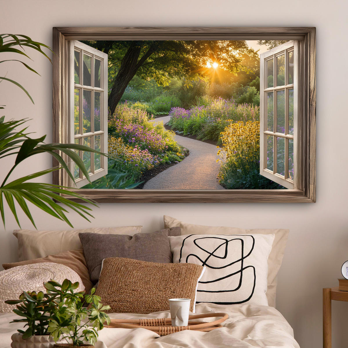 LEINWANDBILD Aussicht - Blumen - Natur - Sonne - Weg Wohnzimmer 120x80 cm - Hellgelb, Textil (120/80cm) - MuchoWow