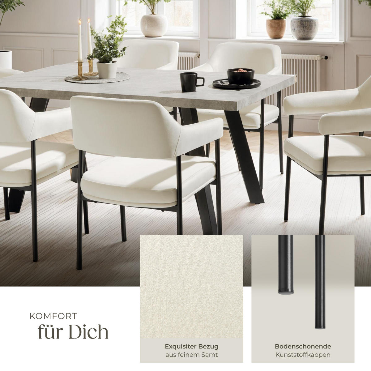 ARMLEHNSTUHL 6er Set Doé 58 x 62 x 85 cm Samtoptik off-white - Weiß/Samtahornfarben, Textil (58/85/62cm) - tectake