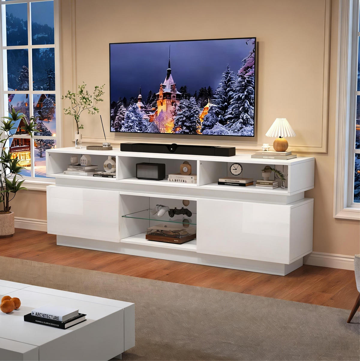 TV-LOWBOARD 160/35/60 cm weiß aus MDF mit Glasplatte und LED - Weiß, Holzwerkstoff (35/60/160cm) - OKWISH