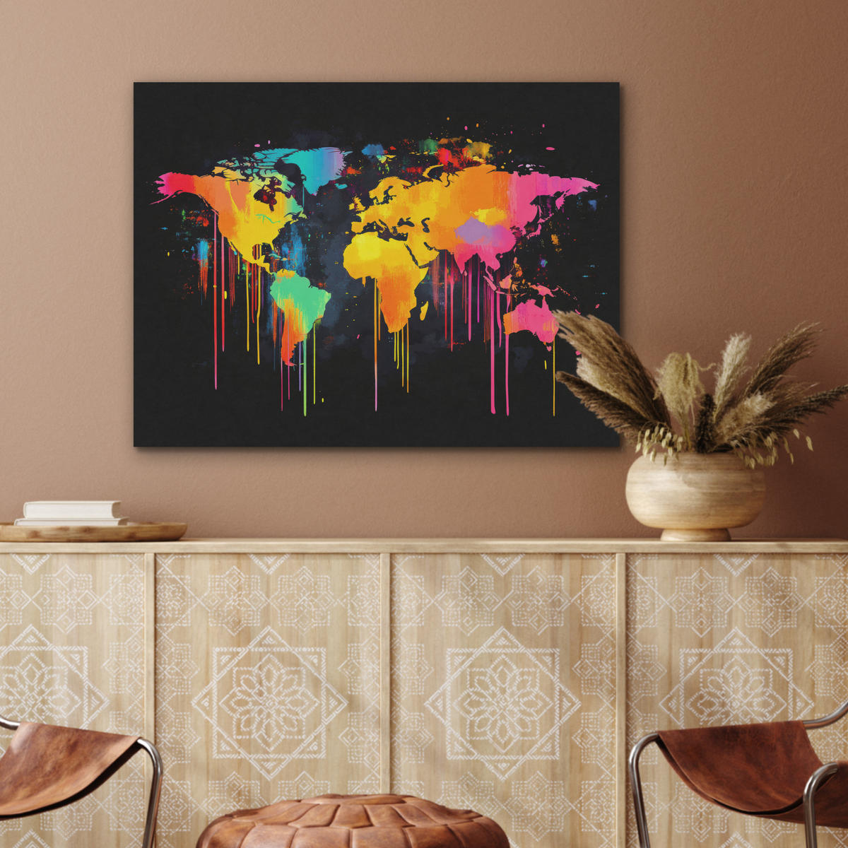 AKUSTIKBILD Weltkarte - Farbe - Bunt - Graffiti - Welt Gemälde 80x60 cm - Multicolor, Textil (80/60/0.9cm) - MuchoWow