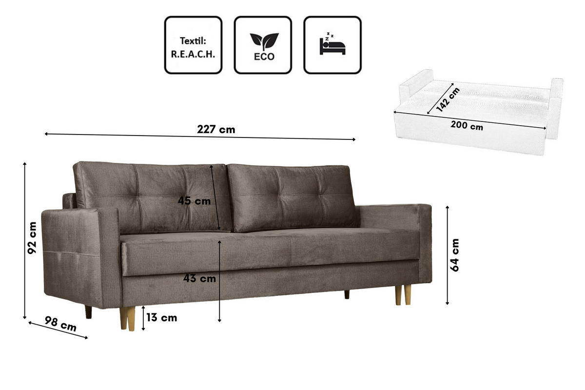 SCHLAFOSOFA Floro 3-Sitzer Stoff Monolith Schokolade - Braun, Holz/Textil (227/92/98cm) - Kaiser Möbel