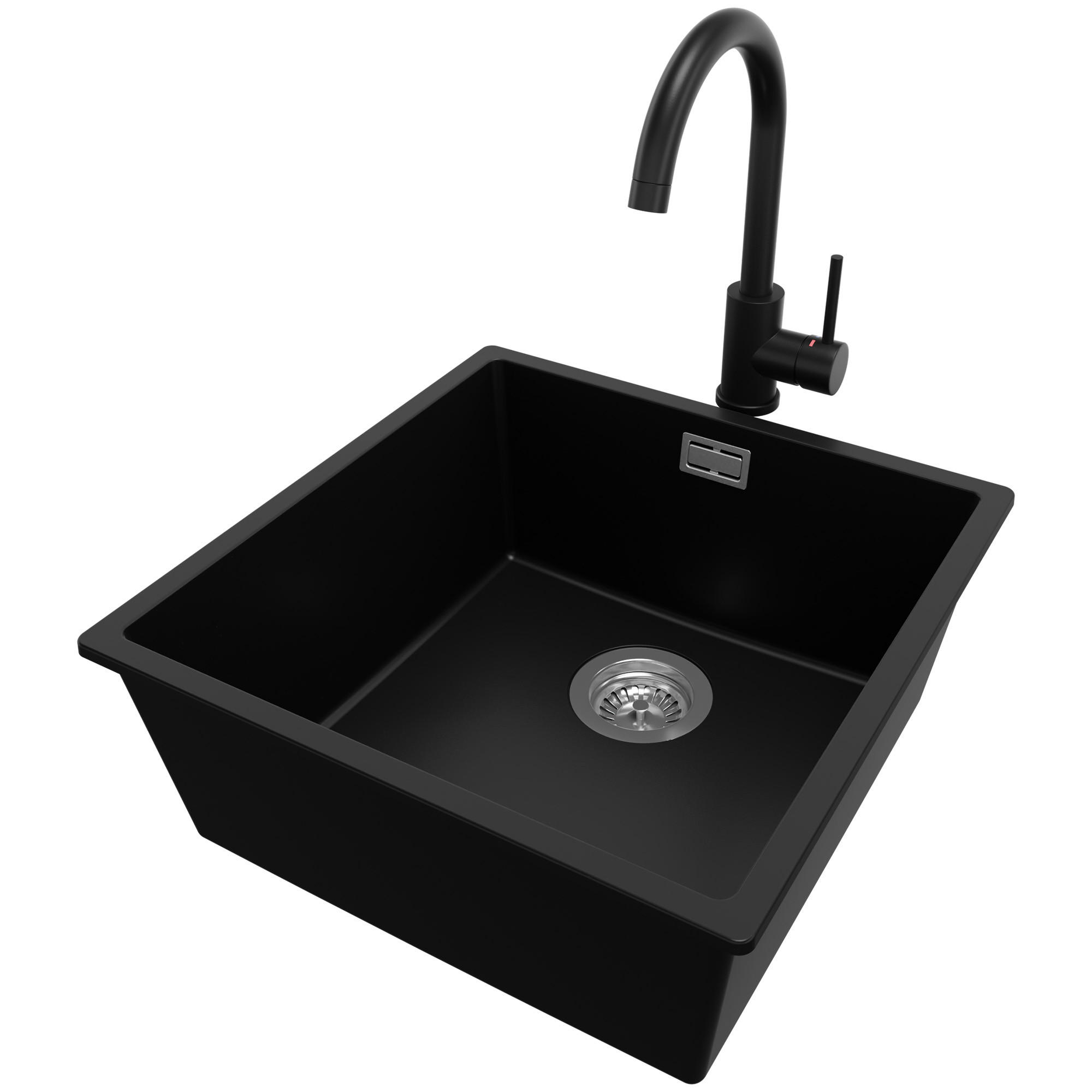 UNTERBAUSPÜLE GRANIT London, 2-er set Schwarz 46/47 cm 1 Becken + Küchenarmatur 32/20 cm + Ablauf-Set ab 50er Unterschrank - Chromfarben/Schwarz, Kunststoff (46/20/47cm) - Primagran