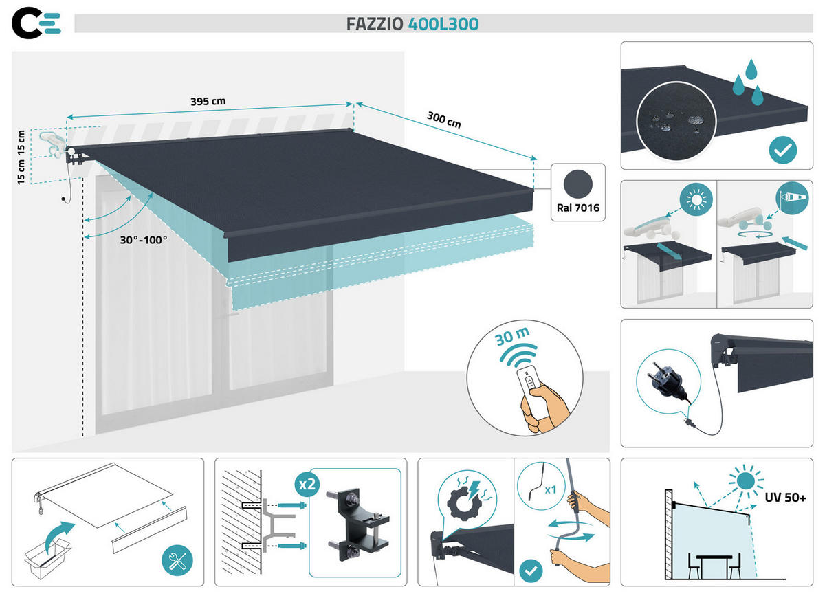 HALBKASSETTENMARKISE Fazzio Graue 4m x 3m motorisierte - Premium-Leinwand 320g/m² - Grau, Metall (400/270/300cm) - Cazeboo
