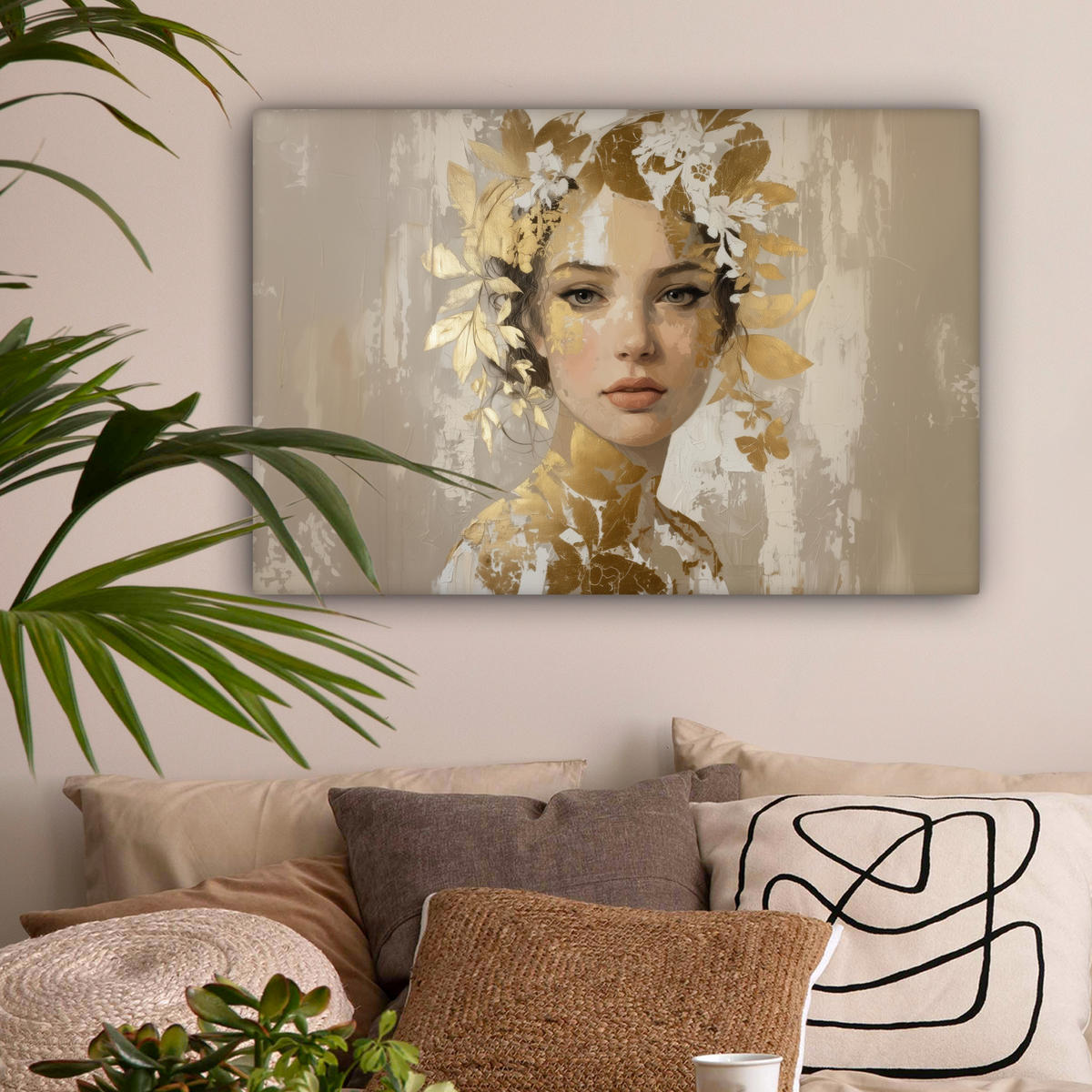 LEINWANDBILD Gesicht - Frau - Blätter - Gold Wanddeko 90x60 cm - Beige, Textil (90/60cm) - MuchoWow
