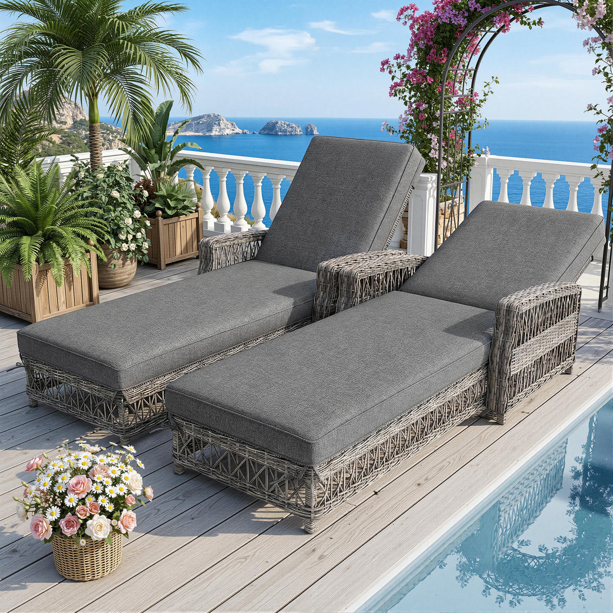 SONNENLIEGE Rattan Grau 2 Set verstellbar Kissen wetterfest - Grau, Metall (114/83/192cm) - FLIEKS