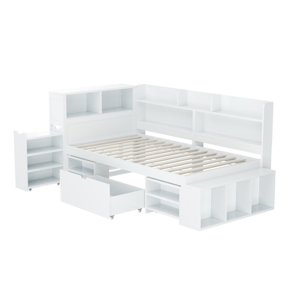 KINDERBETT 90/190 cm mit Schubladen, Regalen und viel Stauraum, Lattenrost inklusive, Weiß - Weiß, Holzwerkstoff (90/190cm) - Redom