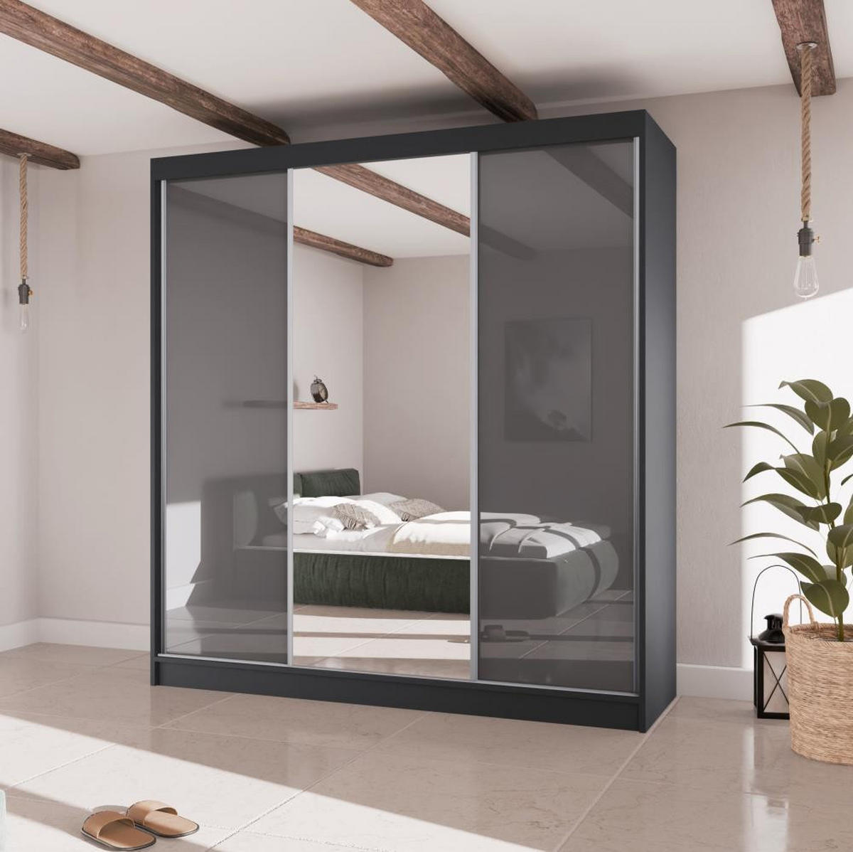 SCHWEBETÜRENSCHRANK Velis II 200/61/215 schwarz+graphit - Schwarz/Graphitfarben, Holzwerkstoff (200/215/61cm) - Beautysofa