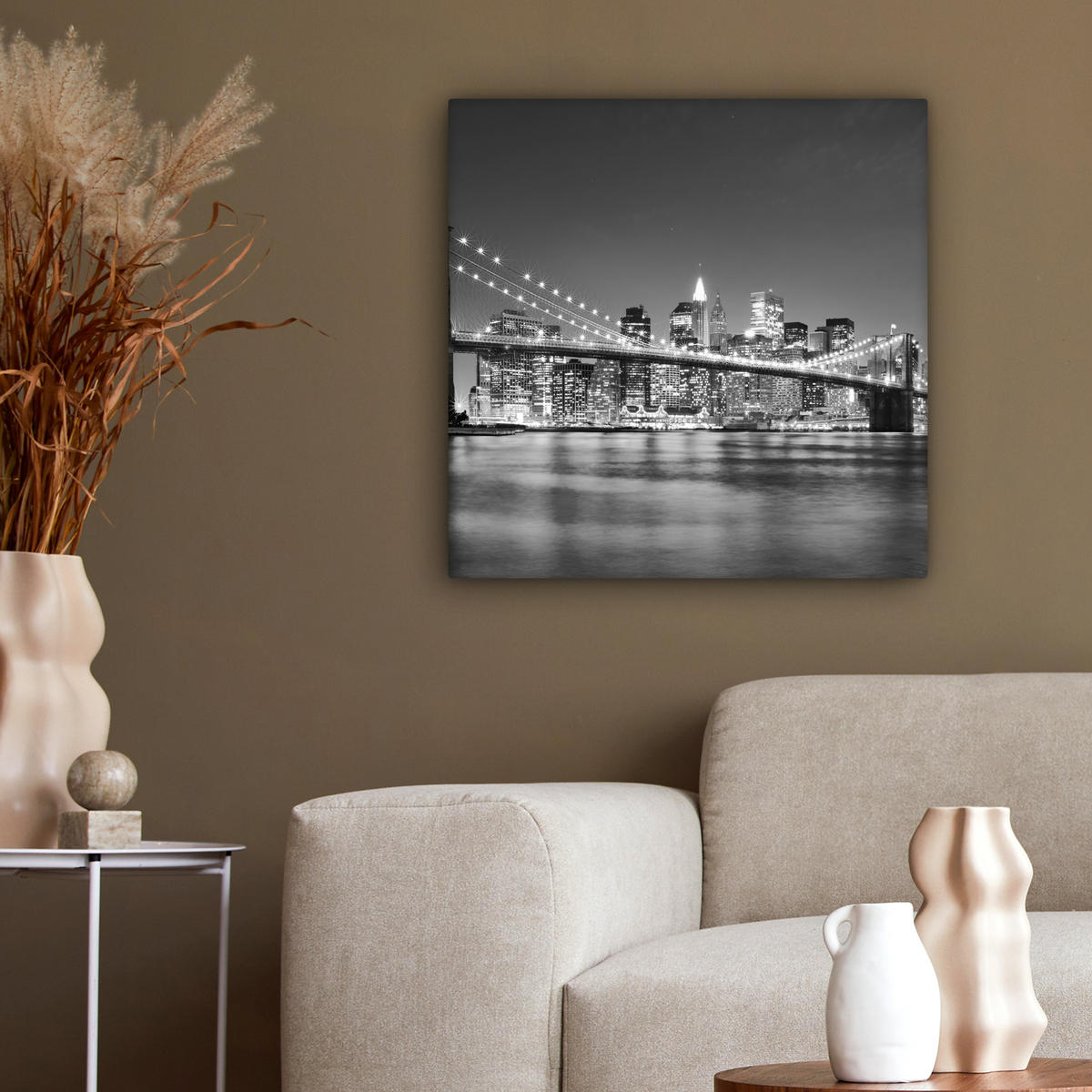 LEINWANDBILD - New York - Brücke - Brooklyn - Schwarz und weiß - Architektur - 50x50 - Room Decor - Schwarz, Textil (50/50cm) - MuchoWow