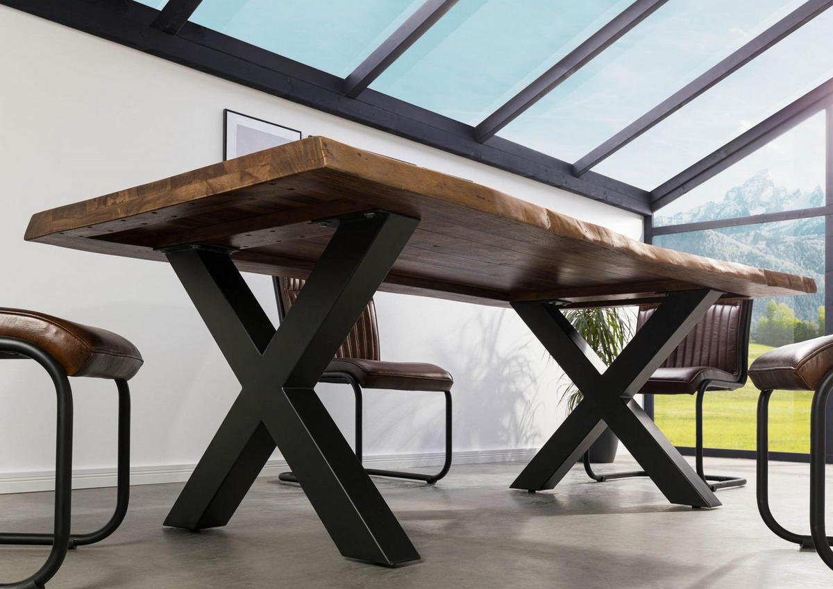 BAUMTISCH Sheesham 200x100x77 grau gebeizt / X-Beine anthrazit matt FREEFORM 5 - Anthrazit/Grau, Holz (200/100/77cm) - Massivmoebel24