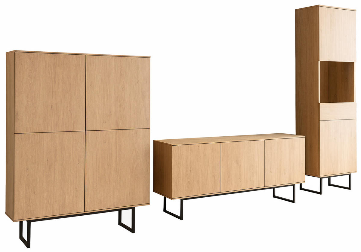 WOHNWAND Stone Eiche 3-teilig 353 cm, Wohnkombination mit Push-to-Open - Eichefarben/Schwarz, Holzwerkstoff/Metall (353/200/40cm) - Furn.Design