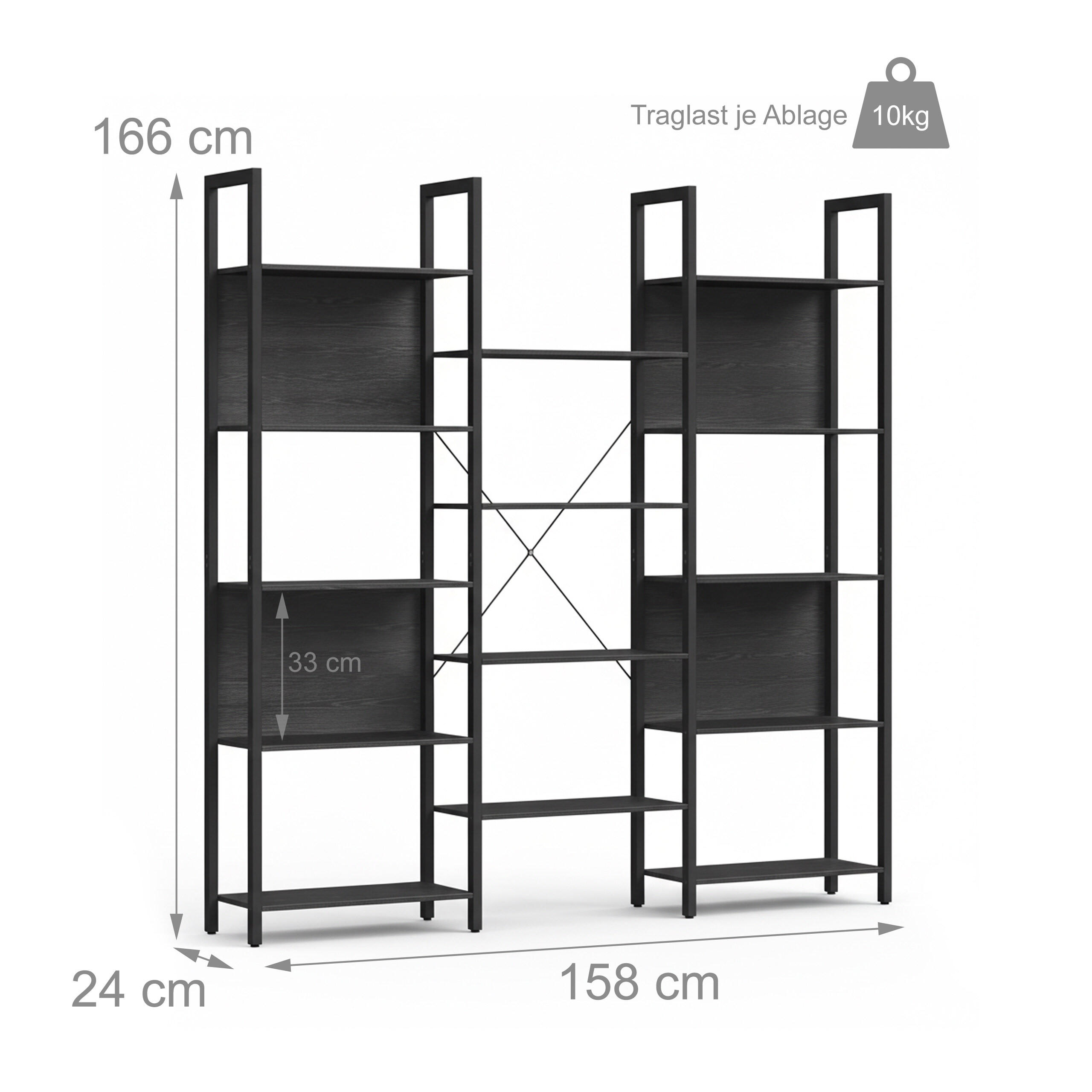Thumbnail - Relaxdays Bücherregal, Schwarz, Holzwerkstoff, Metall, 158x166x24 cm, Wohnzimmer, Regale, Bücherregale