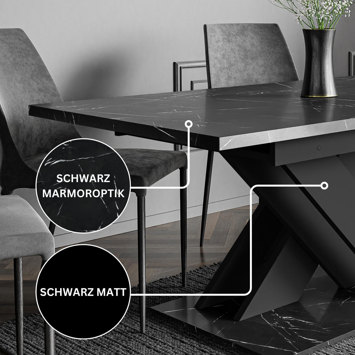 ESSTISCH Royal Schwarz Marmoptik Ausziehbar 140 - 180 cm - Schwarz, Holzwerkstoff (140/80/75cm) - PROSPERO