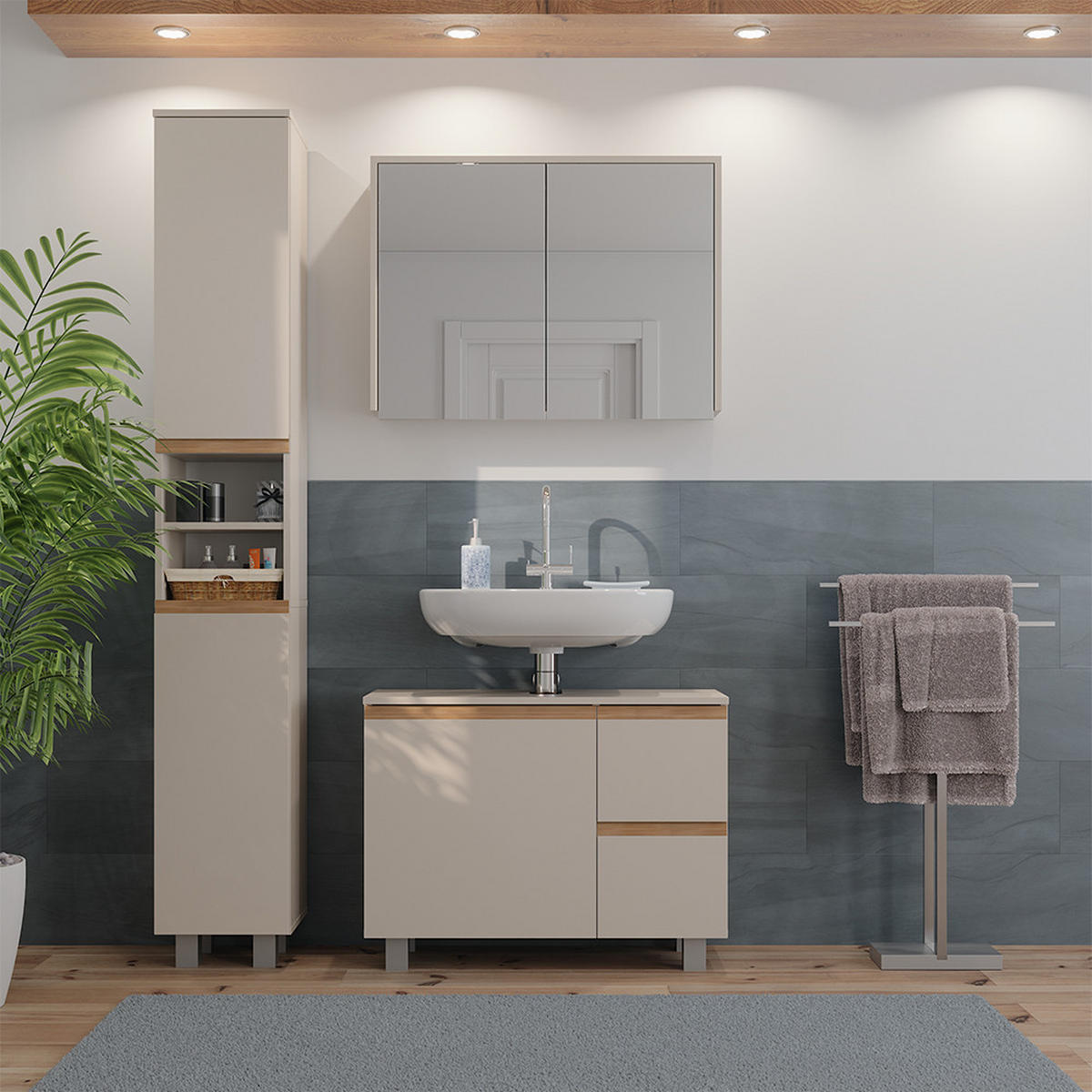 BADMÖBEL-SET J-Shape Cashmere/Artisan 3 Teile - Kaschmir/Hellgrau, Holzwerkstoff (80/60.8/33cm) - Vicco