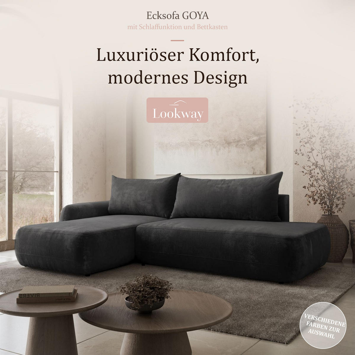 ECKSOFA GOYA mit Schlaffunktion und Bettkasten, Rechte, Perfect Harmony 90 - Graphitfarben, Textil (302/184cm) - Lookway