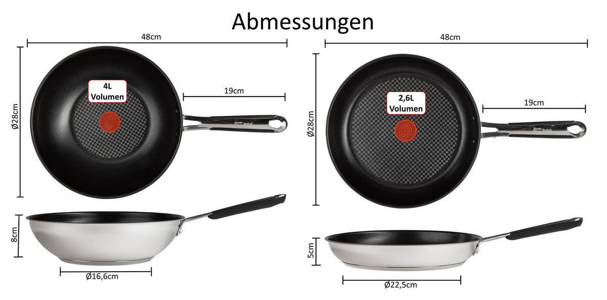 PFANNENSET Bratpfanne Jamie Oliver Edelstahl Induktion E76 26 cm Wokpfanne 28 cm Antihaft Titanium Excellence Spülmaschinenfest - Silberfarben/Schwarz, Keramik/Metall - Tefal