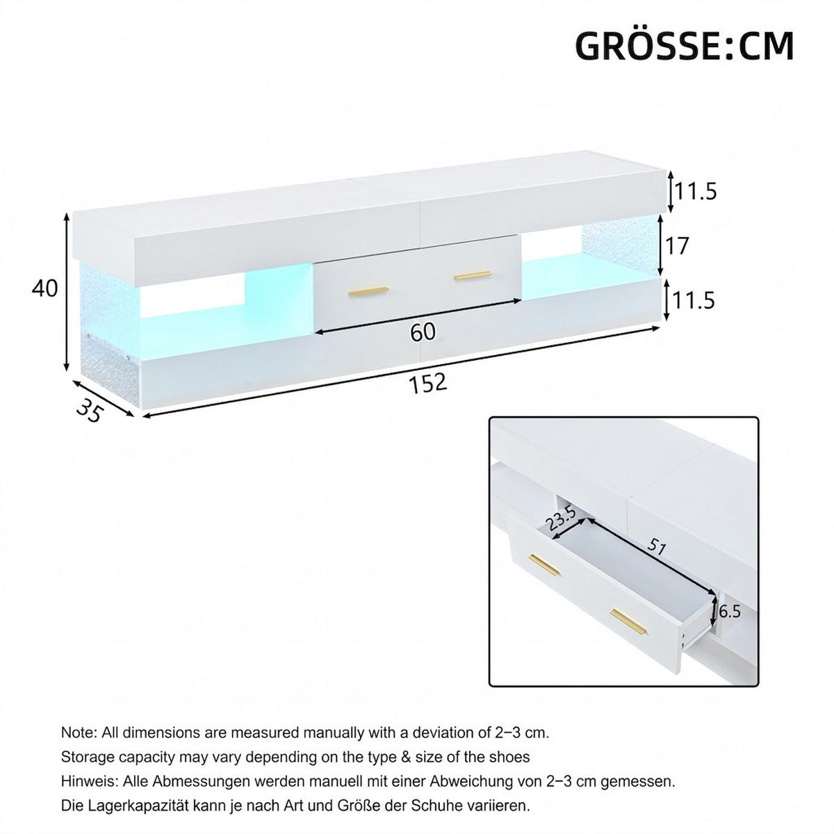 TV-SCHRANK 152/35/40 cm Weiß Hochglanz mit LED und 2 Schubladen - Weiß, Holzwerkstoff (152/40/35cm) - Oxeza