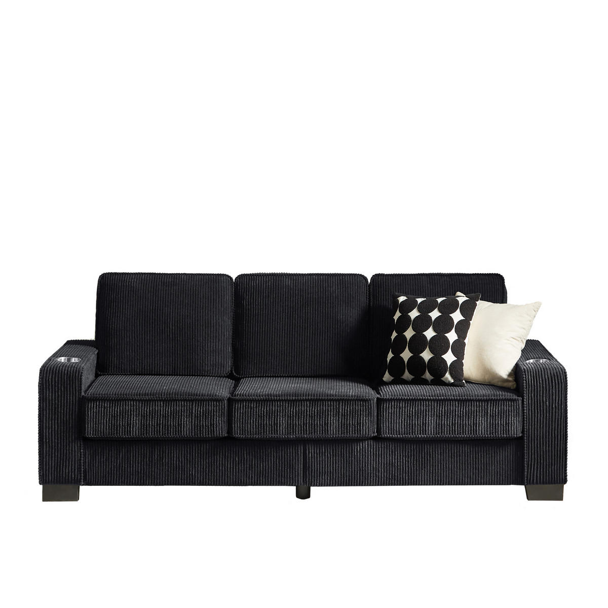 SOFA 3-Sitzer 206 cm Schwarz mit Getränkehaltern - Schwarz, Holzwerkstoff (206/86/72cm) - Meubliv