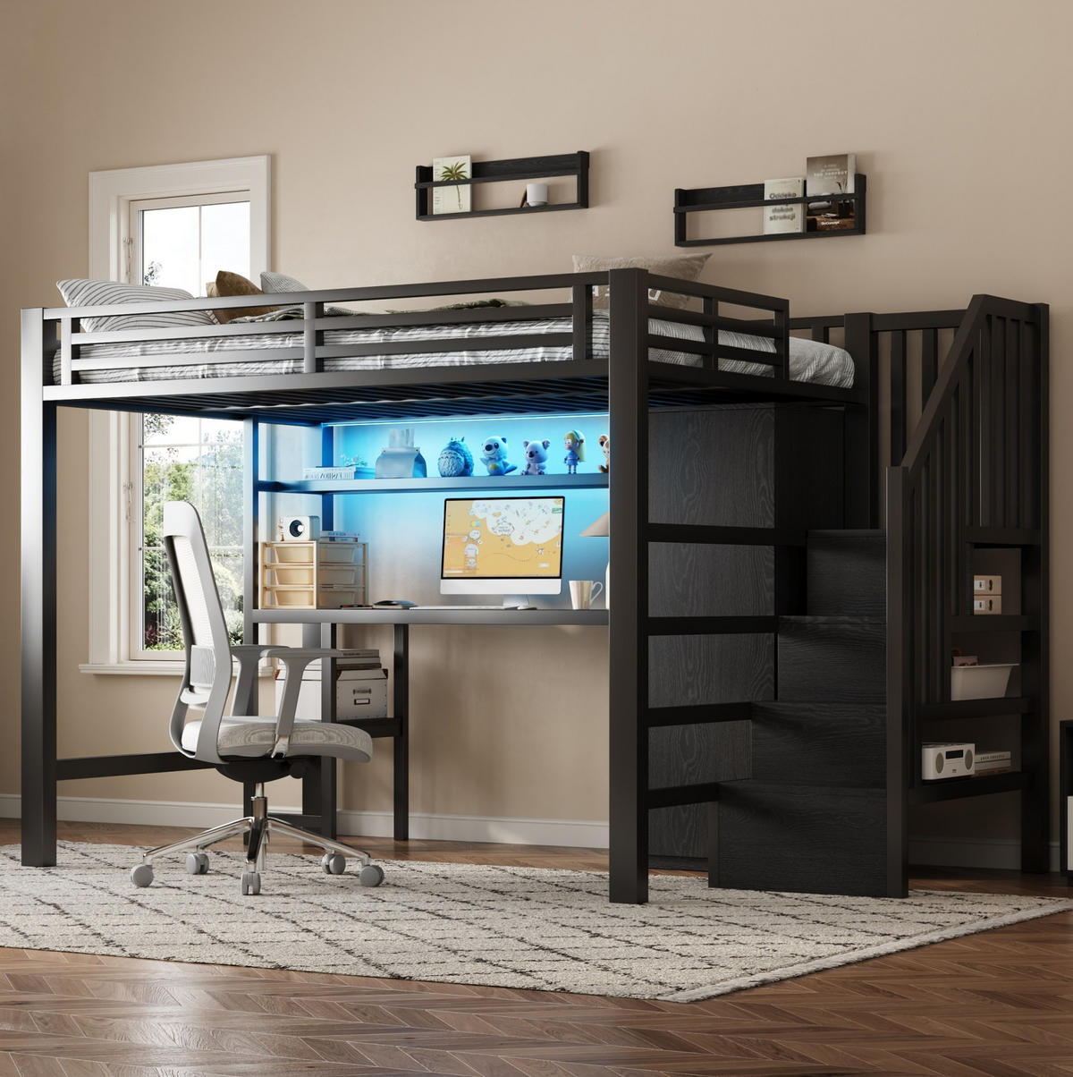 HOCHBETT 140/200 cm mit Schreibtisch, LED-Beleuchtung, Regal, Kleiderschrank und Stauraumtreppe, Schwarz - Schwarz, Holzwerkstoff (140/200cm) - Redom
