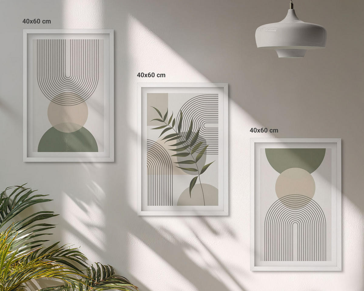 WANDBILDER 3er-Set - 40x60 cm Weißer Rahmen - Abstrakte Formen mit Grün - Weiß, Kunststoff (40/60cm) - ArtPrintCave