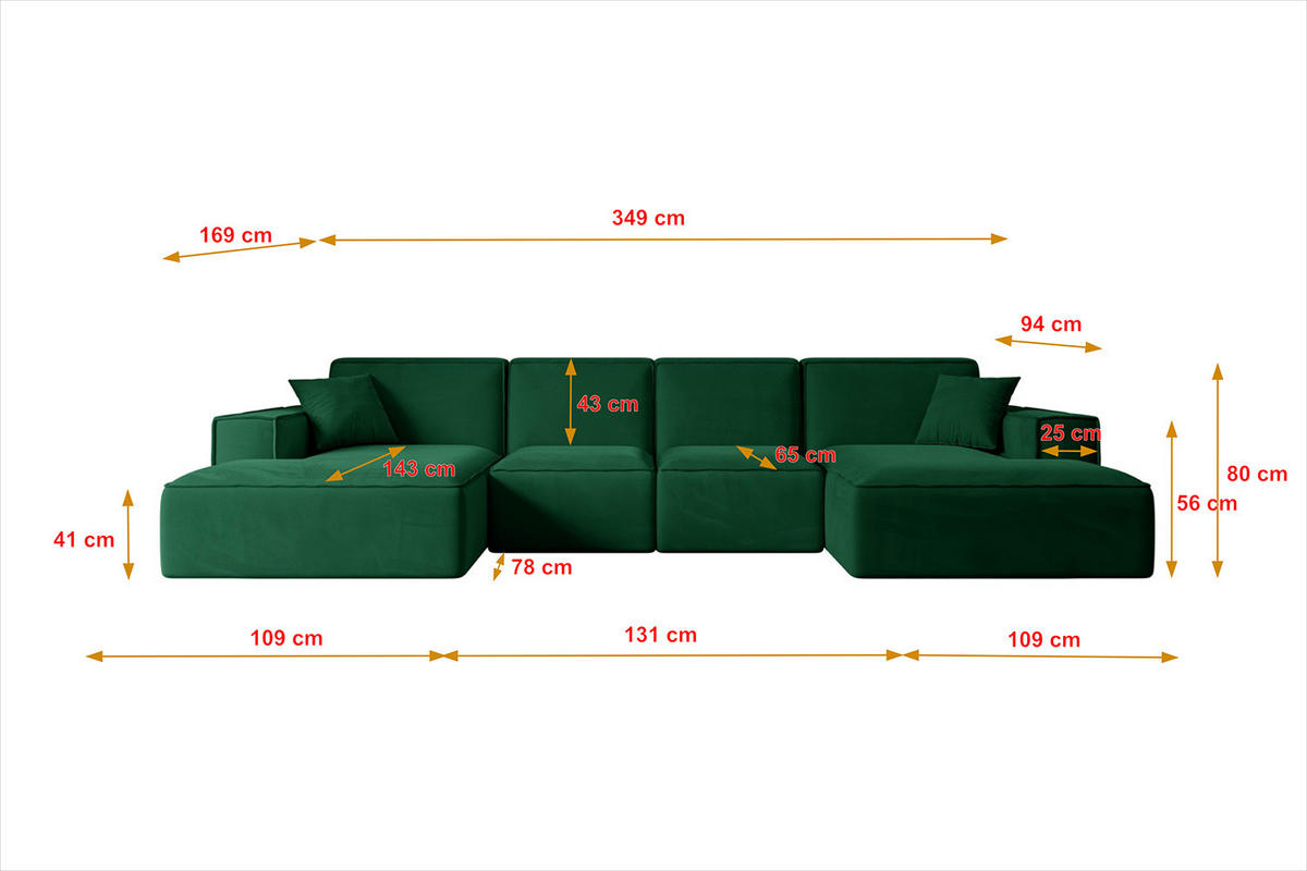 WOHNLANDSCHAFT SIERRA-U - 349x169x80 cm Grün Velours - Schwarz/Grün, Holzwerkstoff/Kunststoff (349/80/169cm) - ALTDECOR