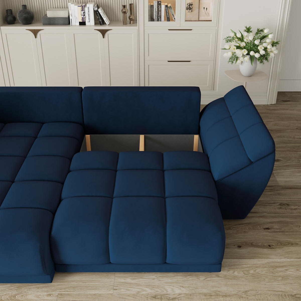 ECKSOFA ORENTI L-S Blau Velours-Stoff mit Schlaffunktion - Dunkelblau, Holz (287/182cm) - MASSENO