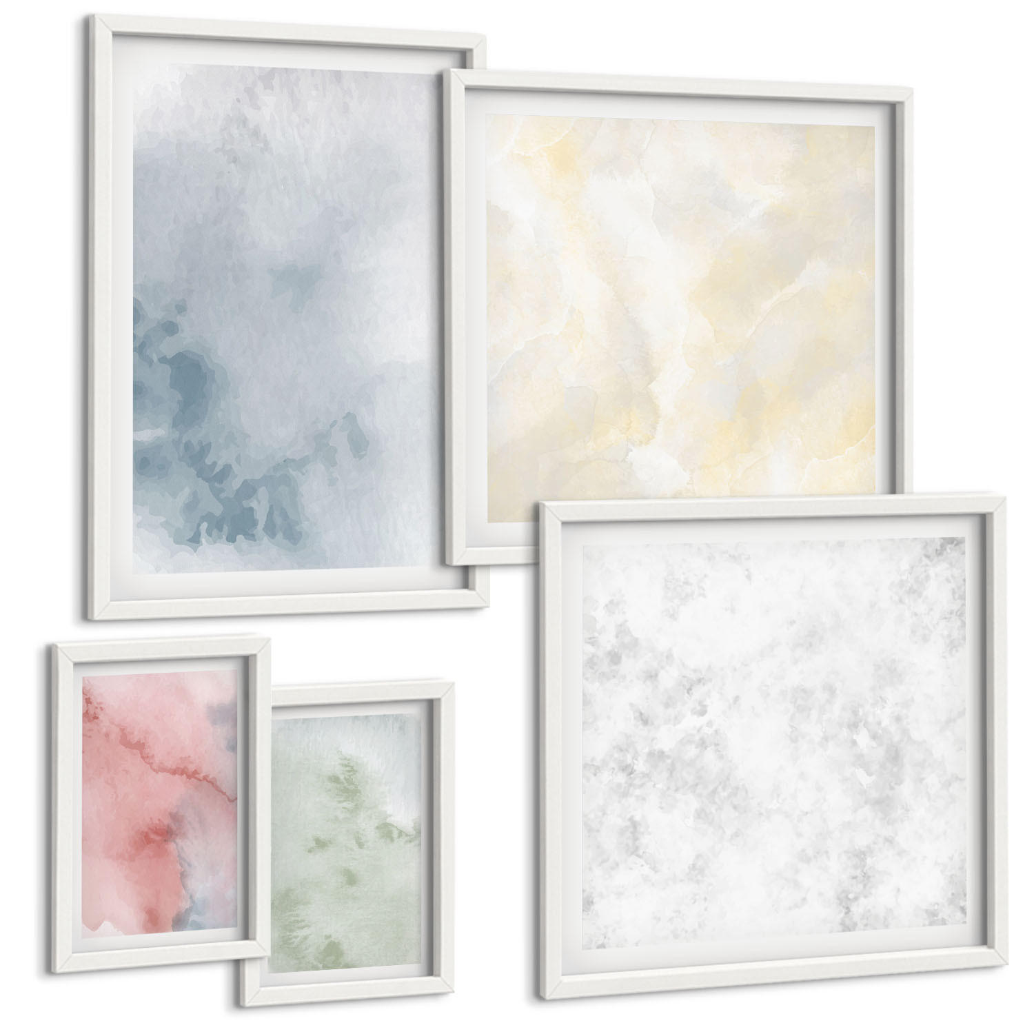 BILDER SET 5er Set - 50x50 cm & 20x30 cm & 40x60 cm Weißer Rahmen - Aquarellfarben in Pastellfarben - Weiß, Kunststoff (40/60cm) - TULUP