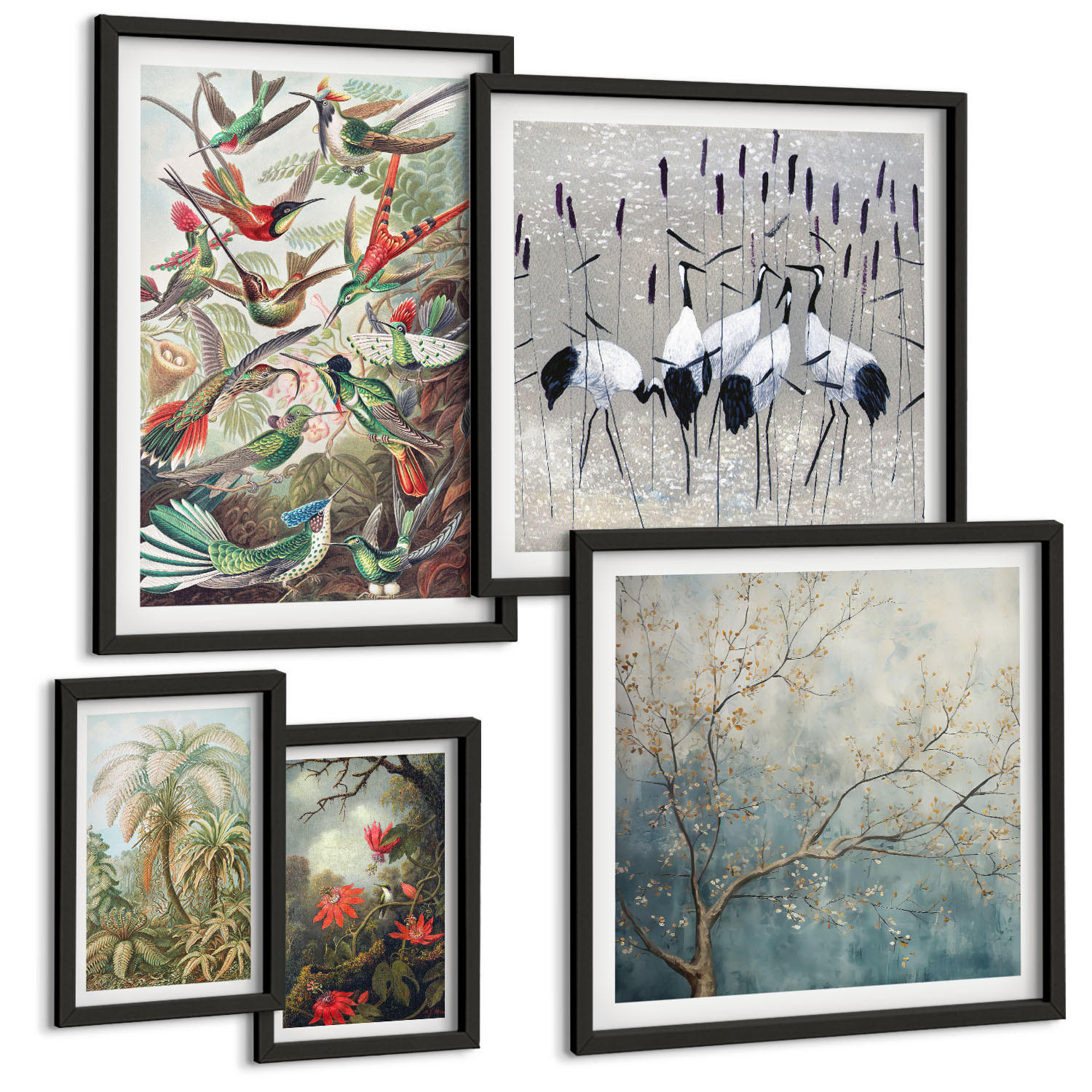 BILDER SET 5er Set - 50x50 cm & 20x30 cm & 40x60 cm Schwarzer Rahmen - Pastellfarbene Berglandschaft mit rosa Flamingos - Schwarz, Kunststoff (40/60cm) - TULUP