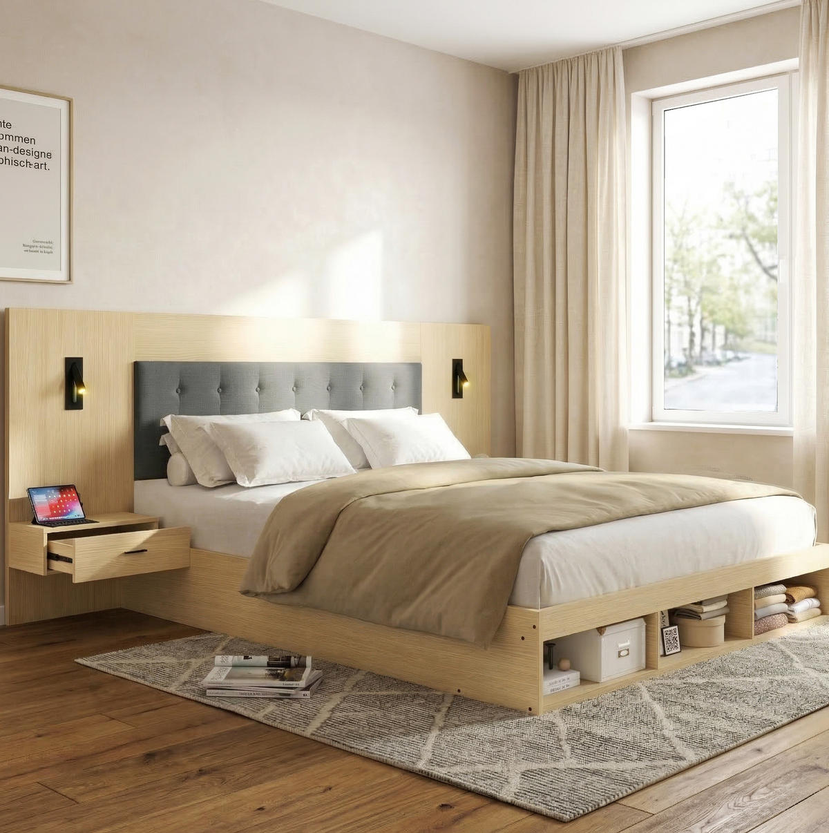 MANŽELSKÁ posteľ 160/200 cm svetlý dub z MDF s úložným priestorom USB Type-C a lampami s 2 nočnými stolíkmi - farba duba, kompozitné drevo (180/200cm) - OKWISH