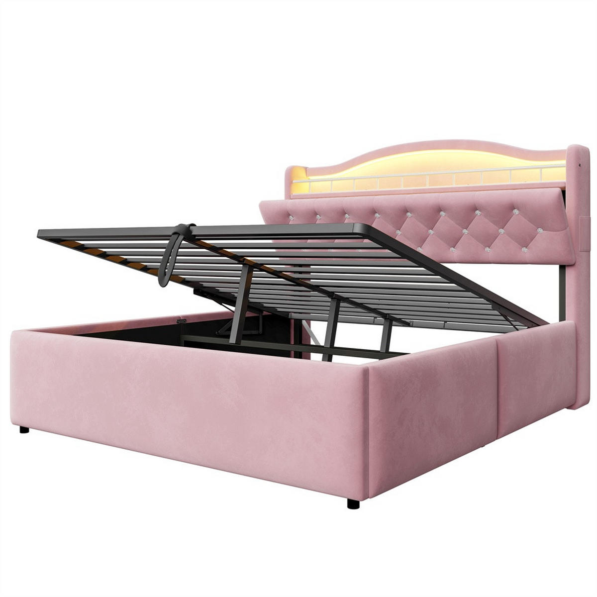 POLSTERBETT 140x200 cm mit hydraulischem Stauraum - LED Beleuchtung & Ladestation - Rosa - Ohne Matratze - Pink, Textil (140/200cm) - DELFA