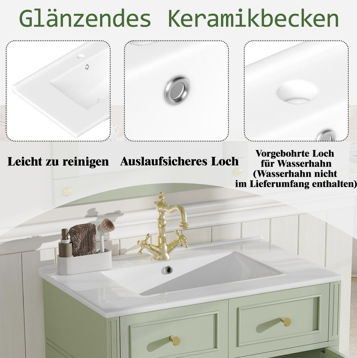 WASCHTISCHKOMBI 81/45,5/86,5 cm grün aus MDF mit Keramikbecken und Soft-Close-Schublade - Grün, Holzwerkstoff (81/86.5/45.5cm) - OKWISH