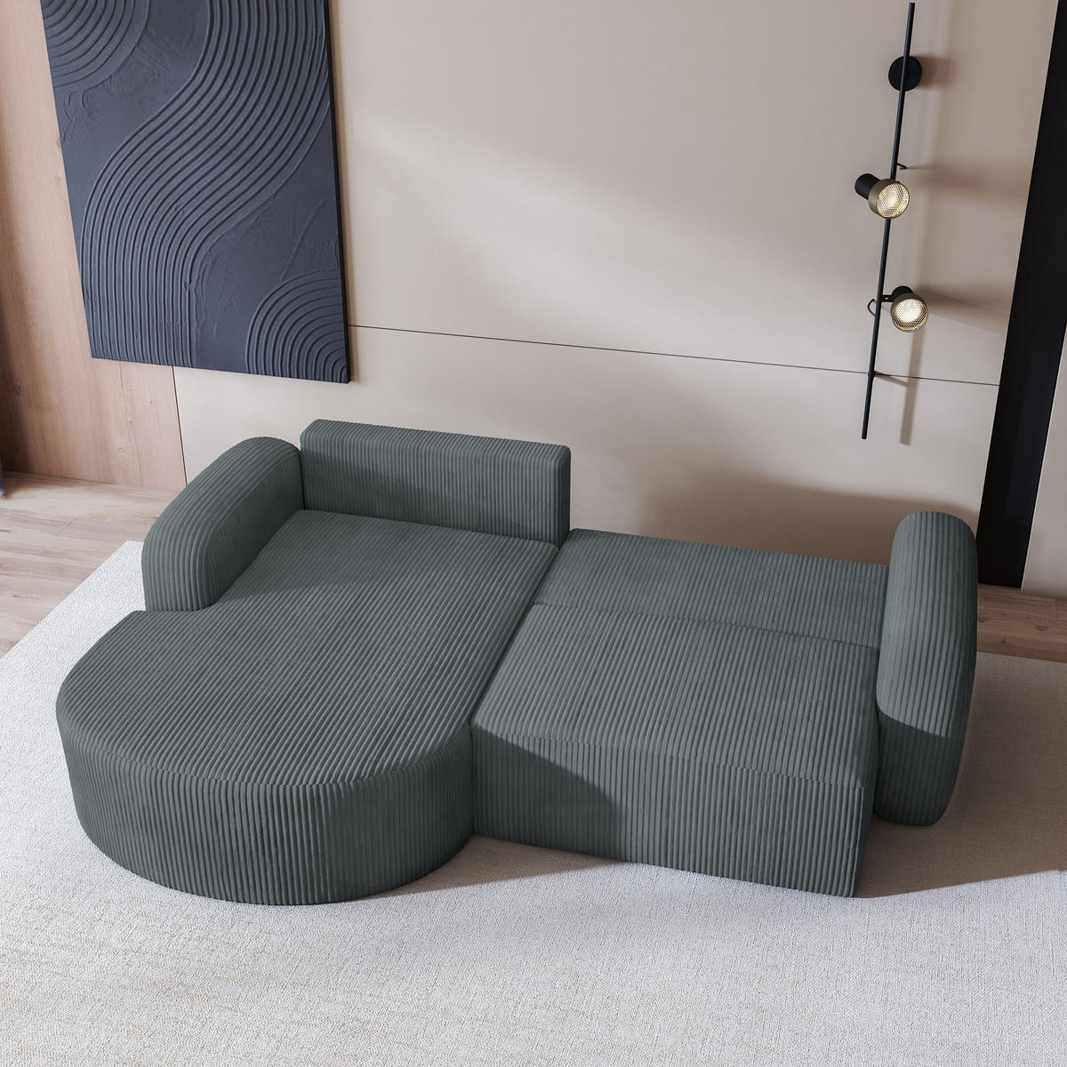 ECKSOFA AMILIA P L-S Grau Kordstoff mit Schlaffunktion - Grau, Holz (263/174cm) - MASSENO