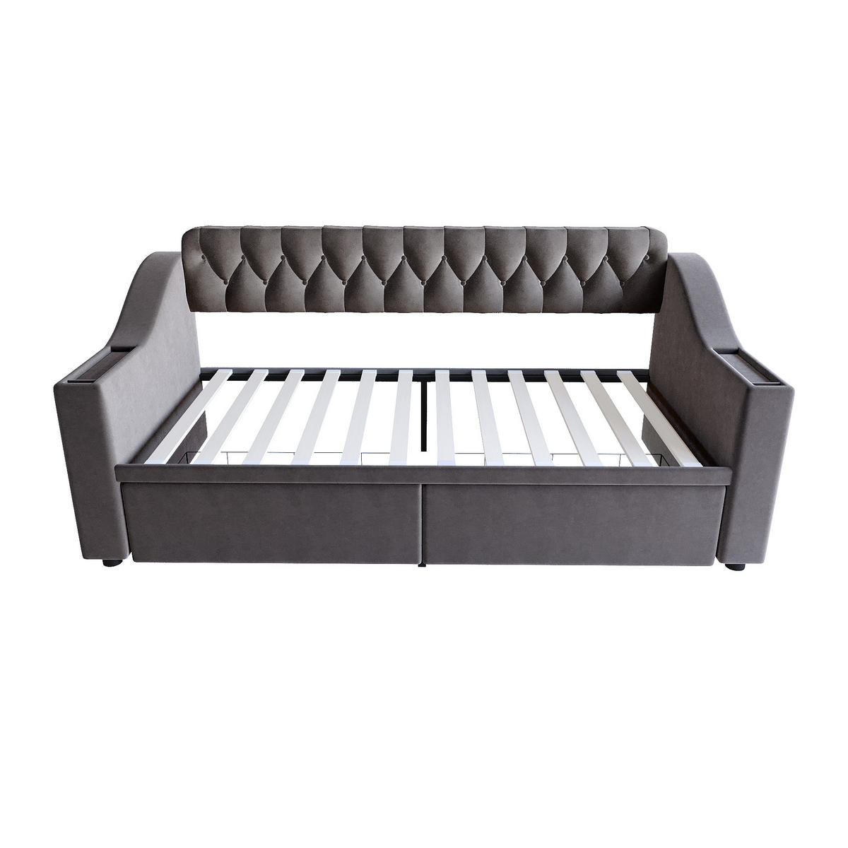 POLSTERBETT 90/190 cm Dunkelgrau aus Samt mit Stauraum und USB- und Type-C-Anschlüssen - Grau, Textil (90/190cm) - OKWISH