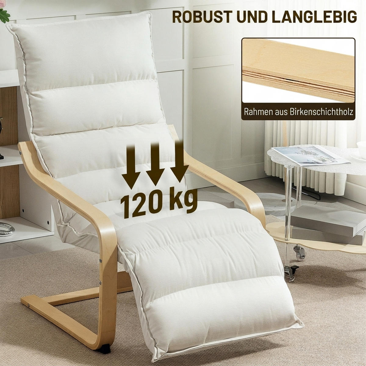 LOUNGE-SESSEL Polyester Birkenlaminat Cremeweiß - Creme/Naturfarben, Holz/Birkenholz (67/105/114cm) - HOMCOM