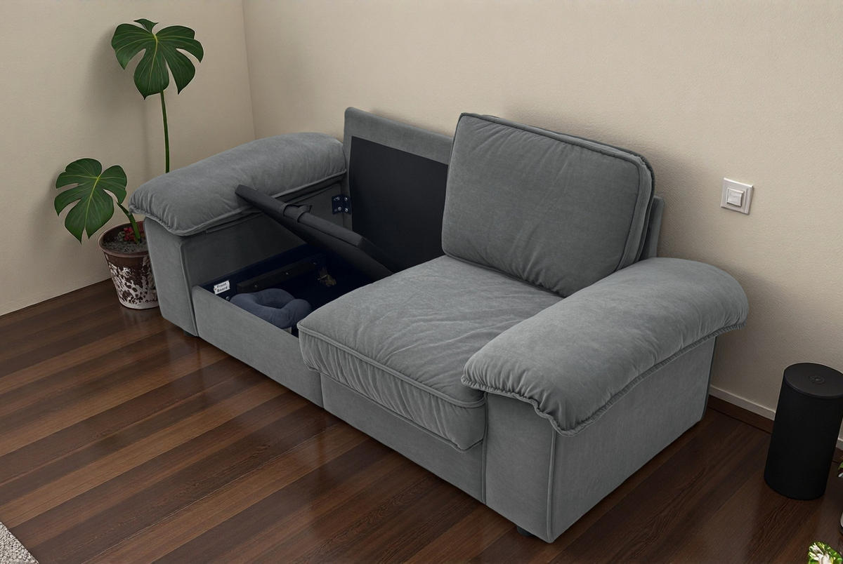 SOFA mit Stauraum und Taschenfederkern 61 cm Sitztiefe 201/91/89 cm Grau - Grau, Textil (91/89/201cm) - Redom