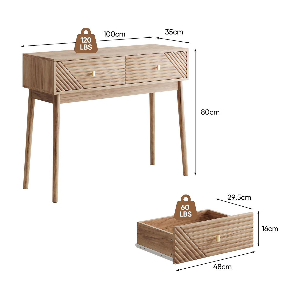 SCHMINKTISCH Moderner 100 cm Eiche Natur & Massivholz – Frisiertisch mit 2 Wellen-Schubladen im Mid-Century-Stil - Eichefarben, Holzwerkstoff (100/80/35cm) - Urban Meuble