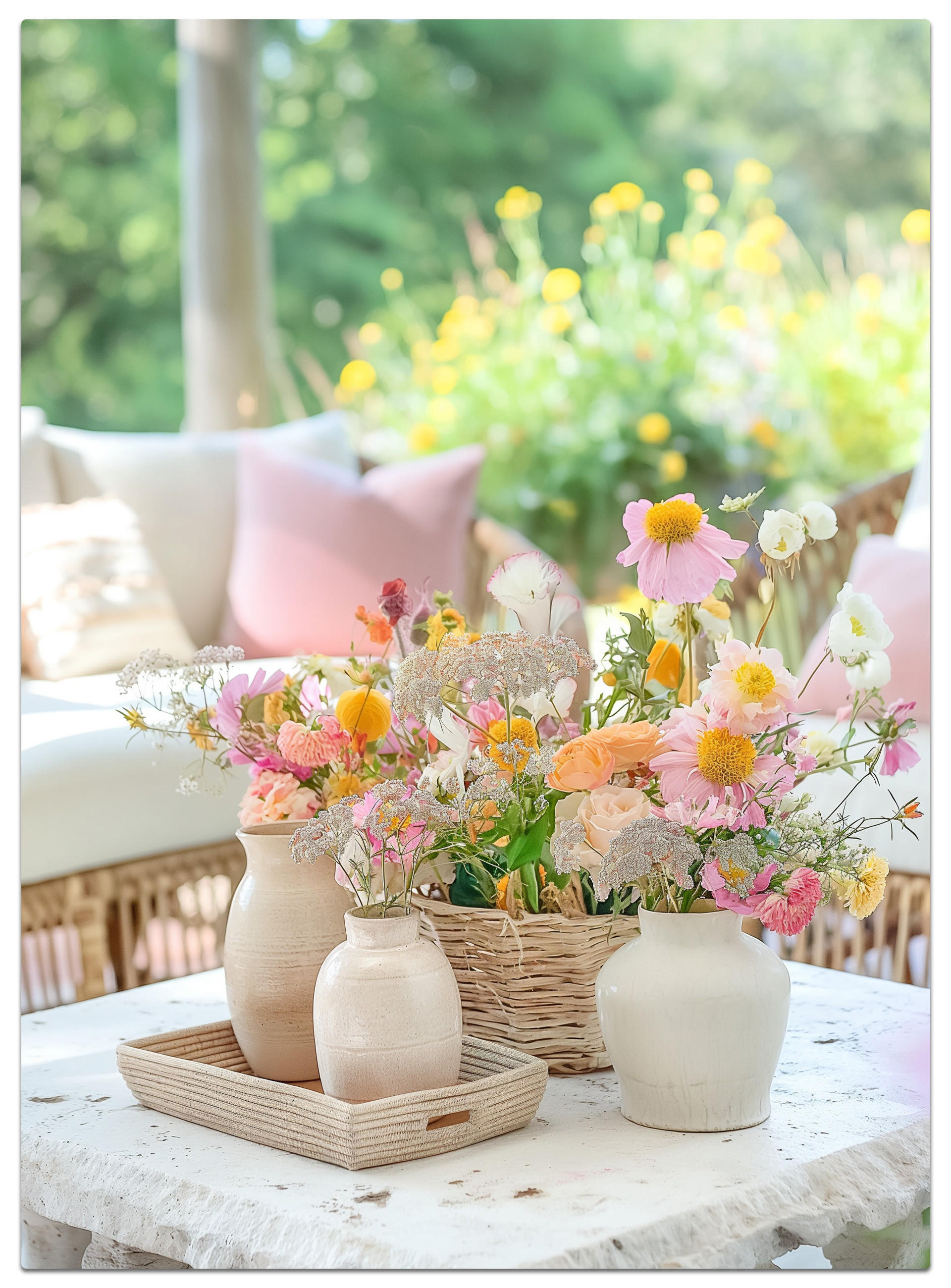 Ein gedeckter Tisch, geschmückt mit frischen Blumen und einem Korb, der eine gemütliche Stimmung vermittelt.