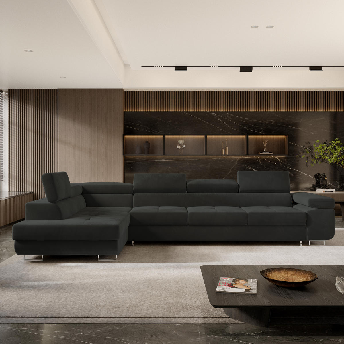 ECKSOFA VICENTE Schwarz Velours-Stoff mit Schlaffunktion - Schwarz, Holz (346/202cm) - MASSENO