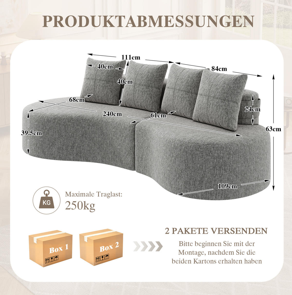 SOFA 240/109/60 cm aus Leinen mit 4 Kissen, Becherhaltern und Seitentaschen Hellgrau - Hellgrau, Textil (109/63/240cm) - Modenvie