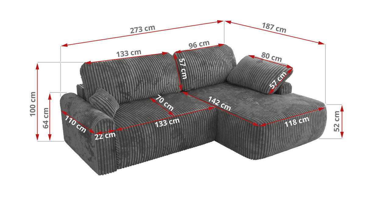 ECKSCHLAFSOFA CUBO L Dunkelgrau Cord - rechts - Dunkelgrau/Schwarz, Kunststoff/Textil (187/273cm) - MKS