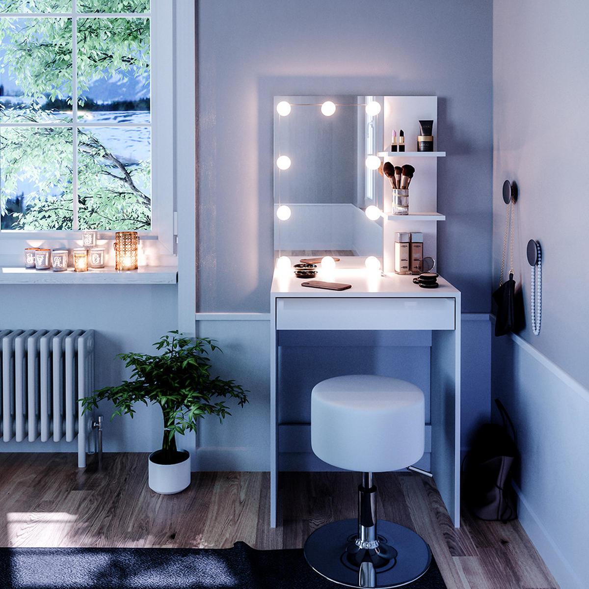 SCHMINKTISCH Isabelle Weiß 60 cm mit LED Beleuchtung und Hocker - Weiß, Holzwerkstoff (60/140/40cm) - Vicco