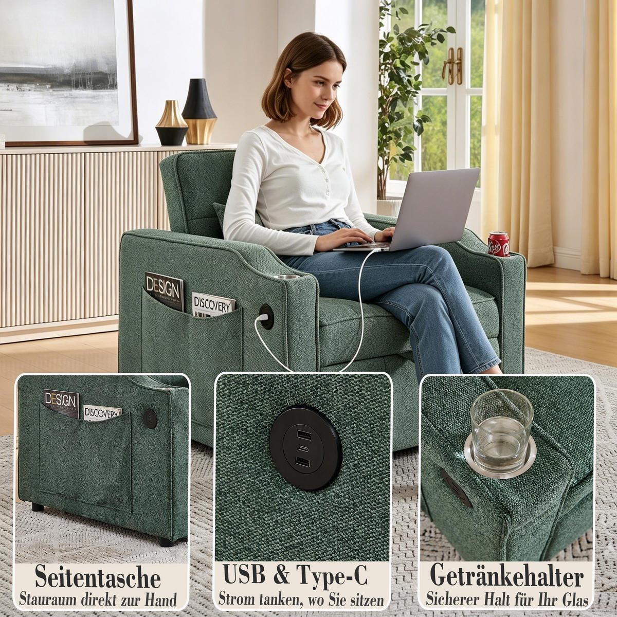 RELAXSESSEL 190/85/86 cm Grün mit USB-/Typ-C-Anschluss und Seitentasche - Grün, Textil (190/86/85cm) - Oxeza